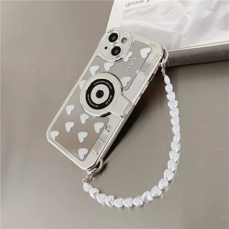 Camera Shaped TPU Cover for iPhone 14 Plus Mirror Surface Electroplating Phone Cases with Bead Strap