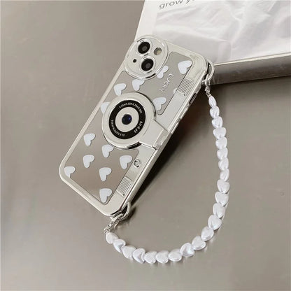 Camera Shaped TPU Cover for iPhone 14 Plus Mirror Surface Electroplating Phone Cases with Bead Strap
