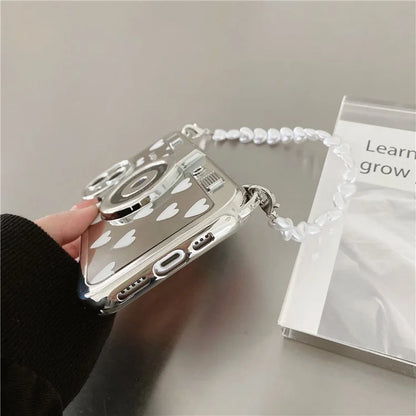 Camera Shaped TPU Cover for iPhone 14 Plus Mirror Surface Electroplating Phone Cases with Bead Strap