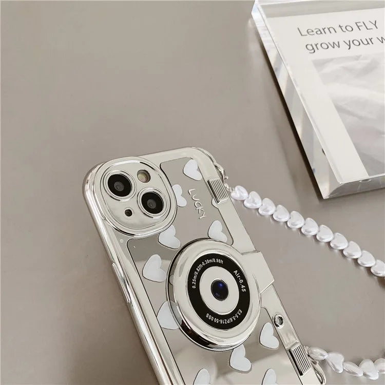 Camera Shaped TPU Cover for iPhone 14 Plus Mirror Surface Electroplating Phone Cases with Bead Strap