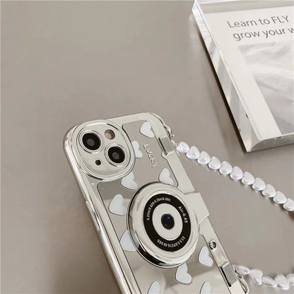 Camera Shaped TPU Cover for iPhone 14 Plus Mirror Surface Electroplating Phone Cases with Bead Strap
