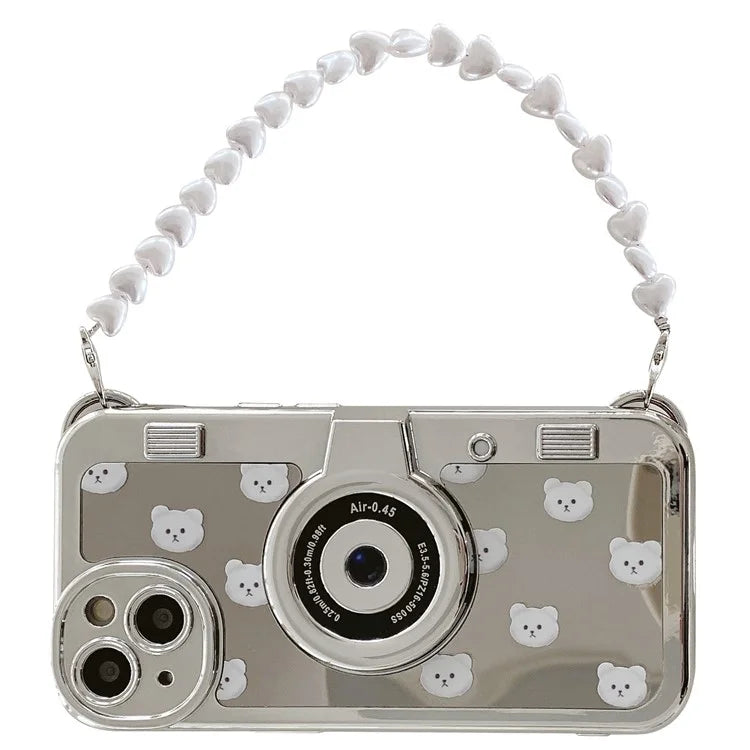 Camera Shaped TPU Cover for iPhone 14 Plus Mirror Surface Electroplating Phone Cases with Bead Strap