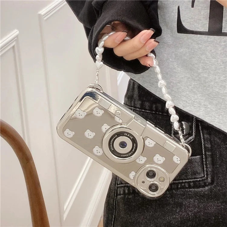 Camera Shaped TPU Cover for iPhone 14 Plus Mirror Surface Electroplating Phone Cases with Bead Strap
