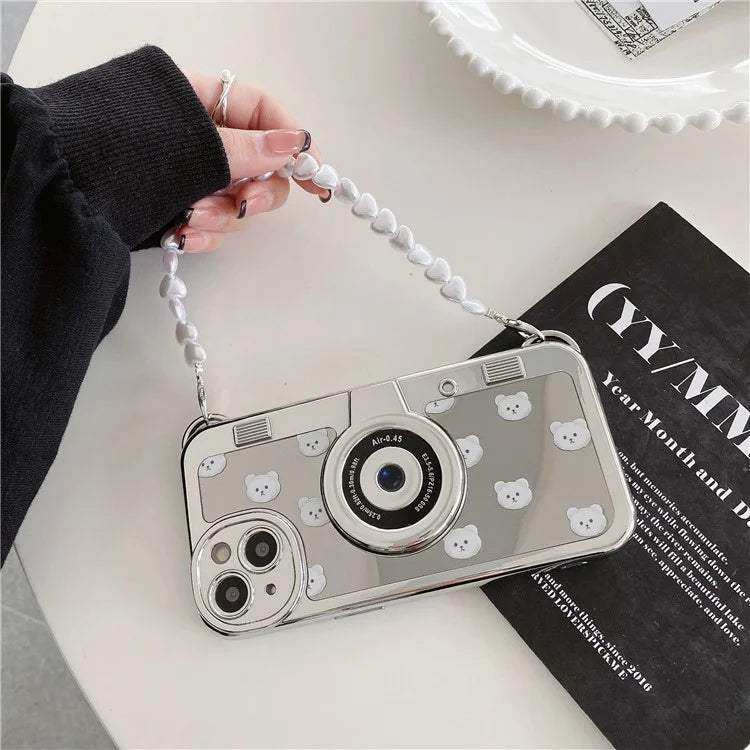 Camera Shaped TPU Cover for iPhone 14 Plus Mirror Surface Electroplating Phone Cases with Bead Strap