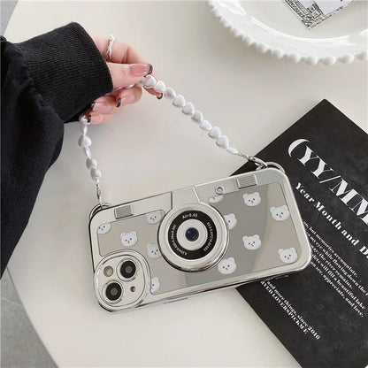 Camera Shaped TPU Cover for iPhone 14 Plus Mirror Surface Electroplating Phone Cases with Bead Strap