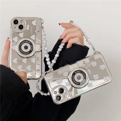 Camera Shaped TPU Cover for iPhone 14 Plus Mirror Surface Electroplating Phone Cases with Bead Strap
