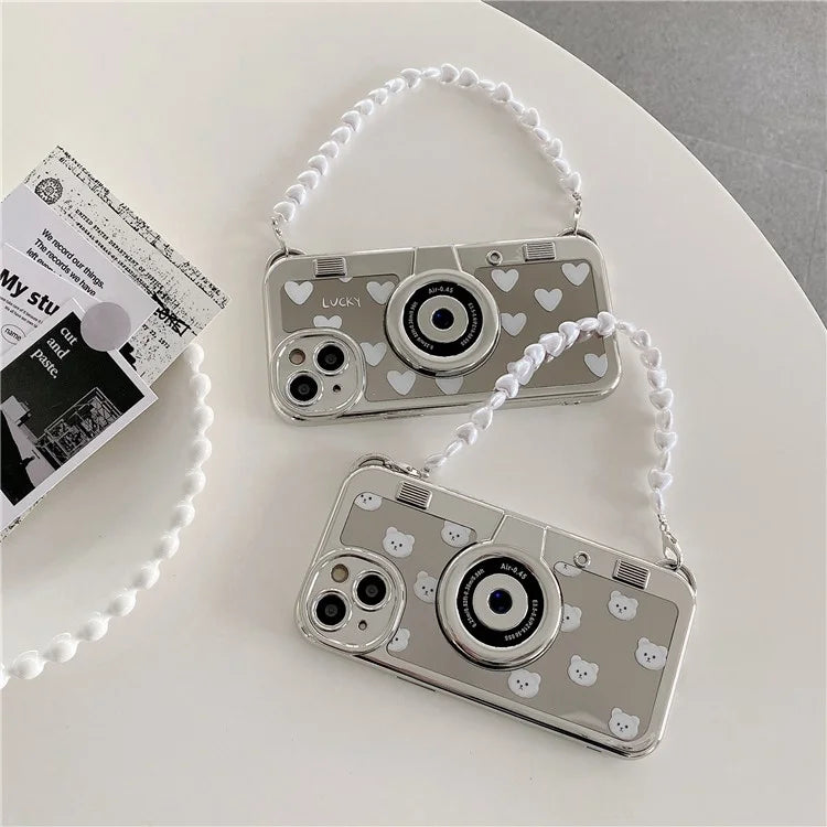 Camera Shaped TPU Cover for iPhone 14 Plus Mirror Surface Electroplating Phone Cases with Bead Strap