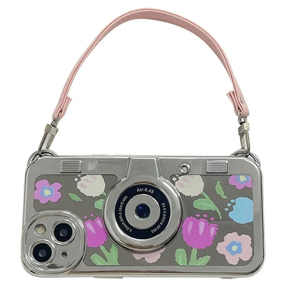 For iPhone 14 Plus Electroplating Cover Flower Pattern Camera Design TPU Phone Case with Tote Strap