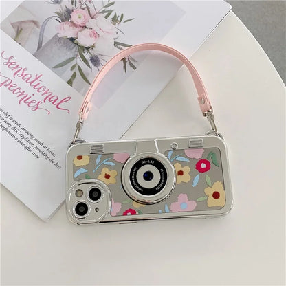 For iPhone 14 Cover Electroplating TPU Cell Phone Shell with Tote Strap Flower Pattern Camera Design