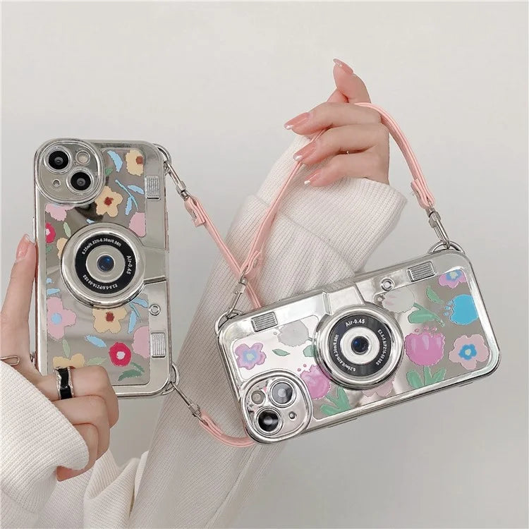 For iPhone 14 Cover Electroplating TPU Cell Phone Shell with Tote Strap Flower Pattern Camera Design