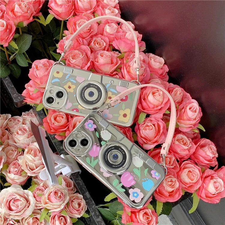 For iPhone 14 Cover Electroplating TPU Cell Phone Shell with Tote Strap Flower Pattern Camera Design