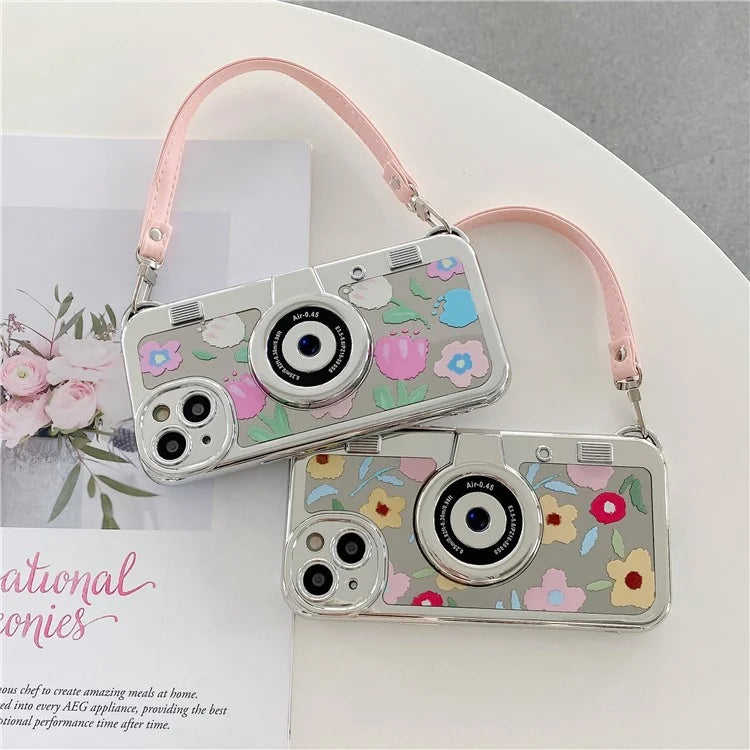 For iPhone 14 Cover Electroplating TPU Cell Phone Shell with Tote Strap Flower Pattern Camera Design