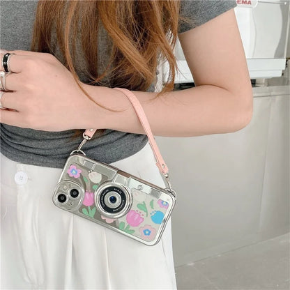 For iPhone 13 Camera Shaped TPU Cover Mirror Surface Electroplating Phone Cases with Handy Strap
