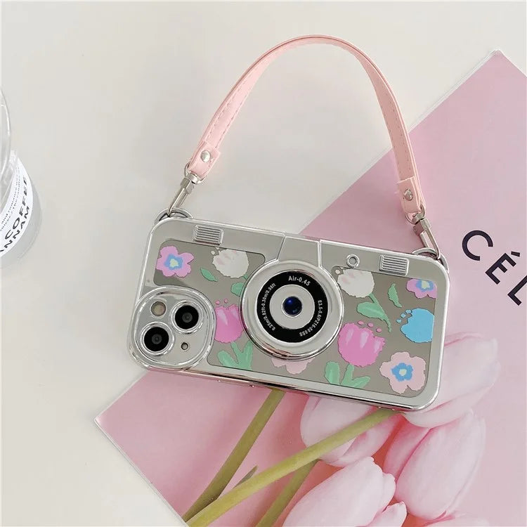 For iPhone 13 Camera Shaped TPU Cover Mirror Surface Electroplating Phone Cases with Handy Strap