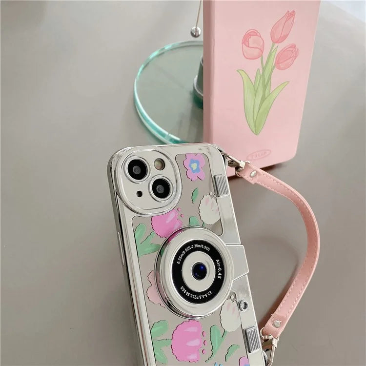 For iPhone 13 Camera Shaped TPU Cover Mirror Surface Electroplating Phone Cases with Handy Strap