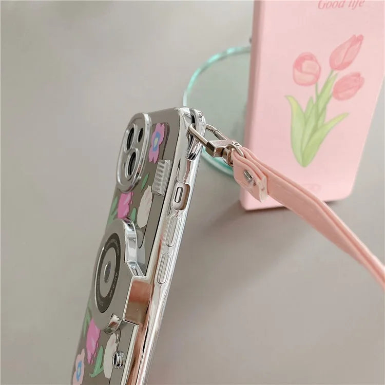 For iPhone 13 Camera Shaped TPU Cover Mirror Surface Electroplating Phone Cases with Handy Strap
