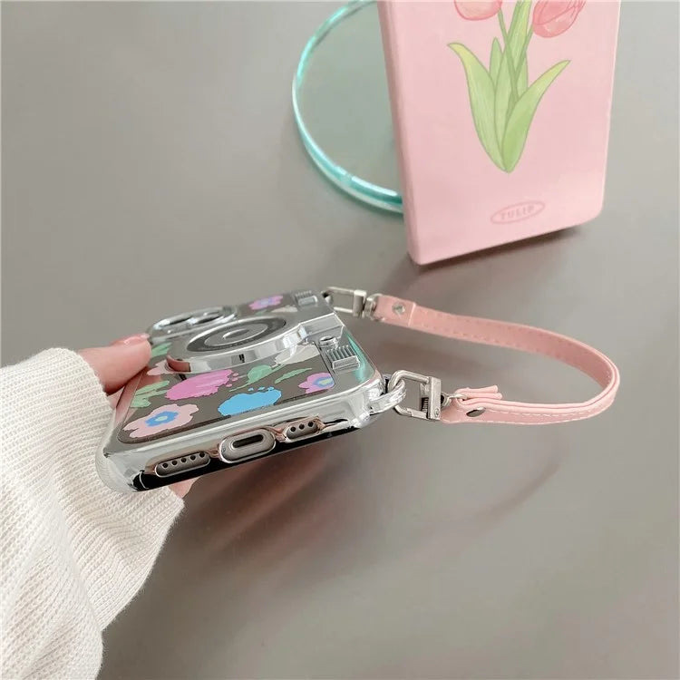 For iPhone 13 Camera Shaped TPU Cover Mirror Surface Electroplating Phone Cases with Handy Strap