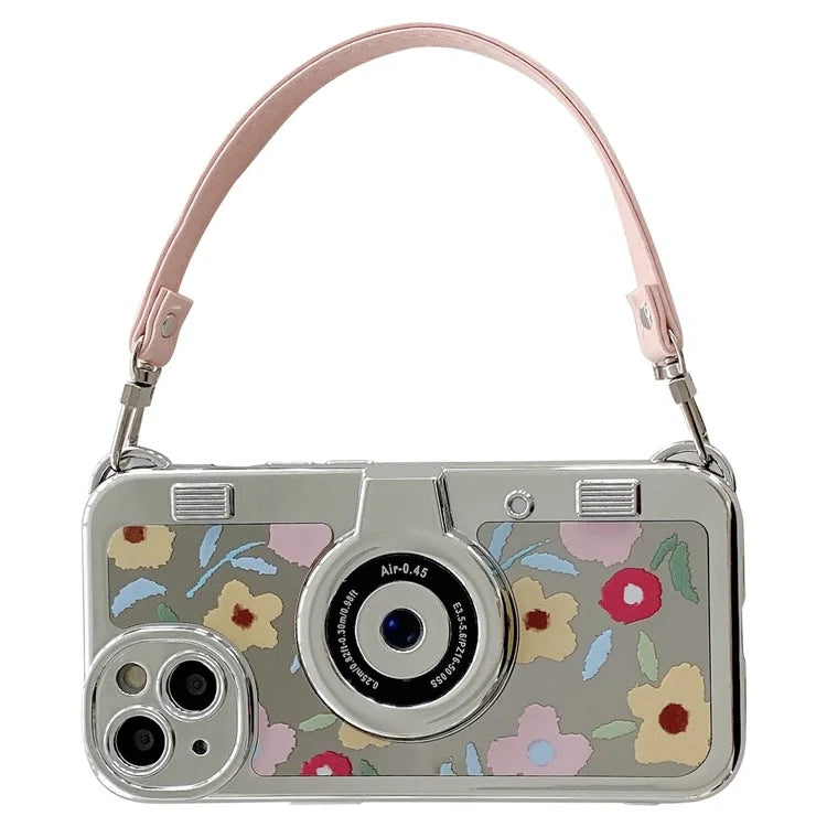 For iPhone 13 Camera Shaped TPU Cover Mirror Surface Electroplating Phone Cases with Handy Strap