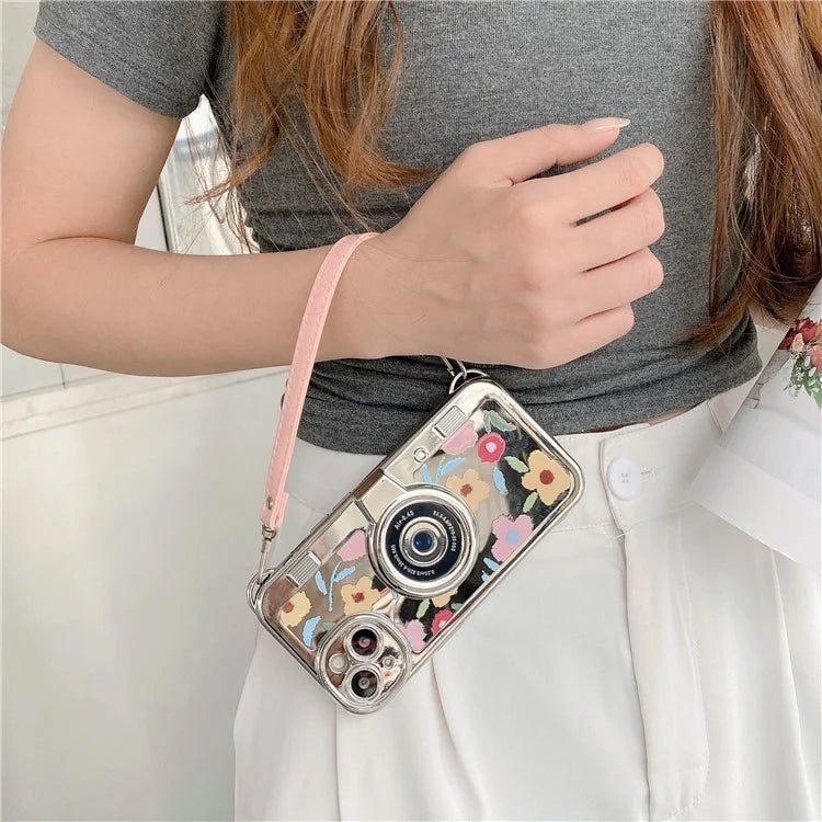 For iPhone 13 Camera Shaped TPU Cover Mirror Surface Electroplating Phone Cases with Handy Strap