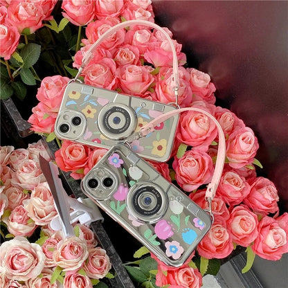 For iPhone 13 Camera Shaped TPU Cover Mirror Surface Electroplating Phone Cases with Handy Strap