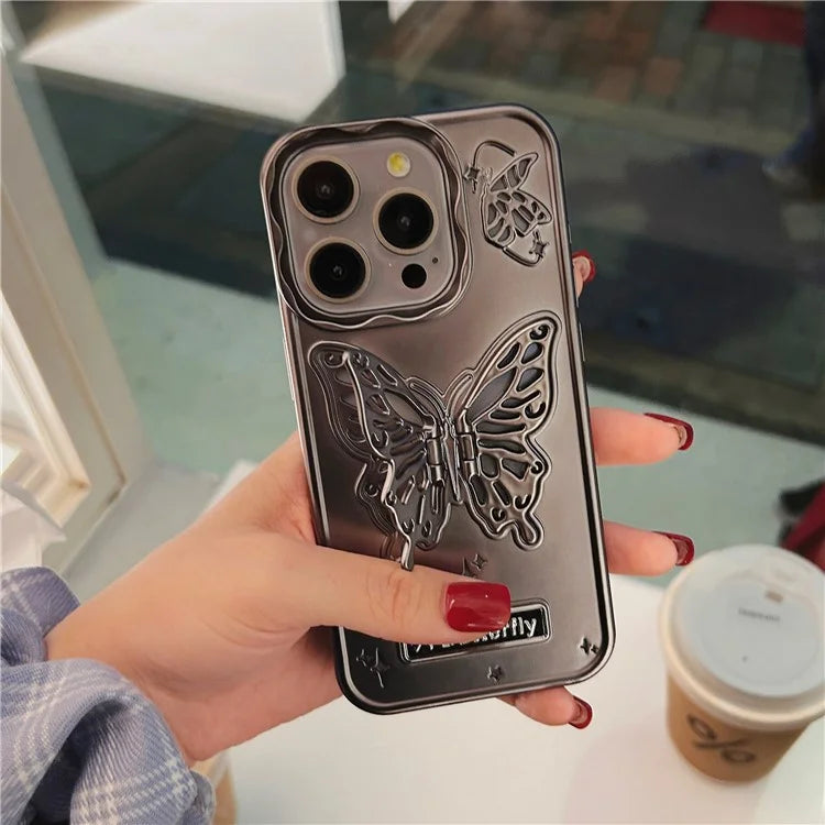 For iPhone 15 Pro Max Cover Matte TPU Cell Phone Case with Butterfly Shape PC Kickstand