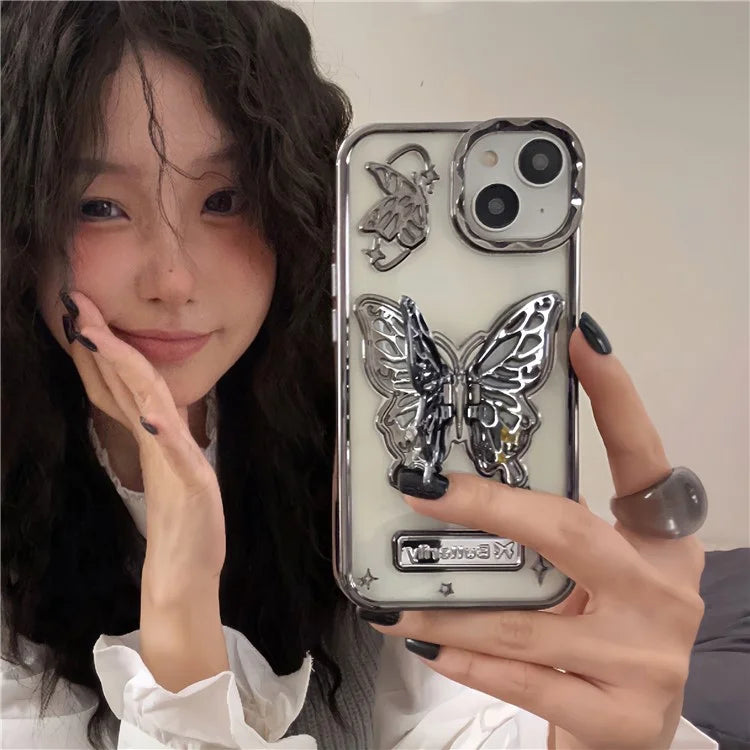 For iPhone 13 / 14 Phone Shell Electroplated Soft TPU Kickstand Phone Cover Butterfly Shape Design