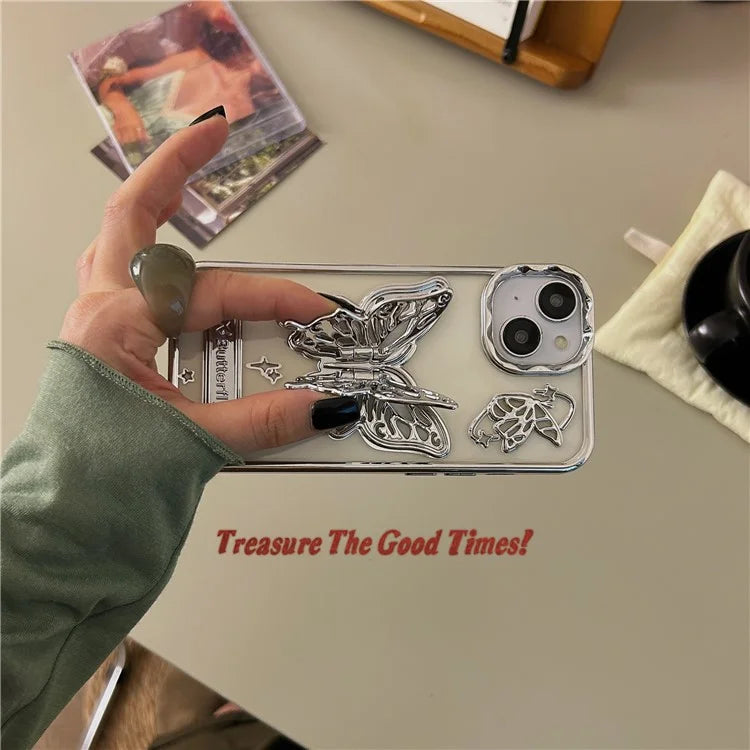 For iPhone 13 / 14 Phone Shell Electroplated Soft TPU Kickstand Phone Cover Butterfly Shape Design