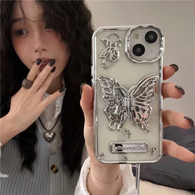 For iPhone 13 / 14 Phone Shell Electroplated Soft TPU Kickstand Phone Cover Butterfly Shape Design
