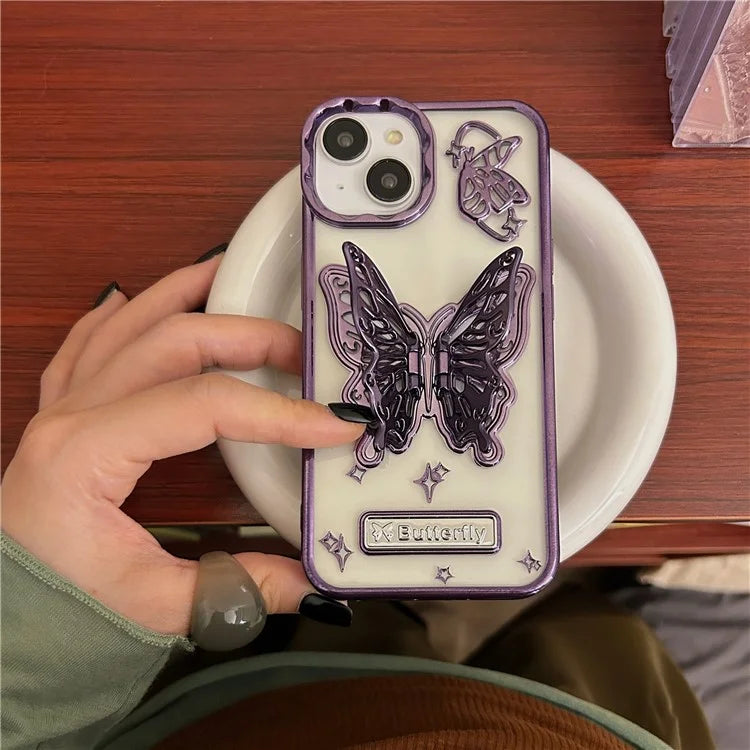 For iPhone 13 / 14 Phone Shell Electroplated Soft TPU Kickstand Phone Cover Butterfly Shape Design
