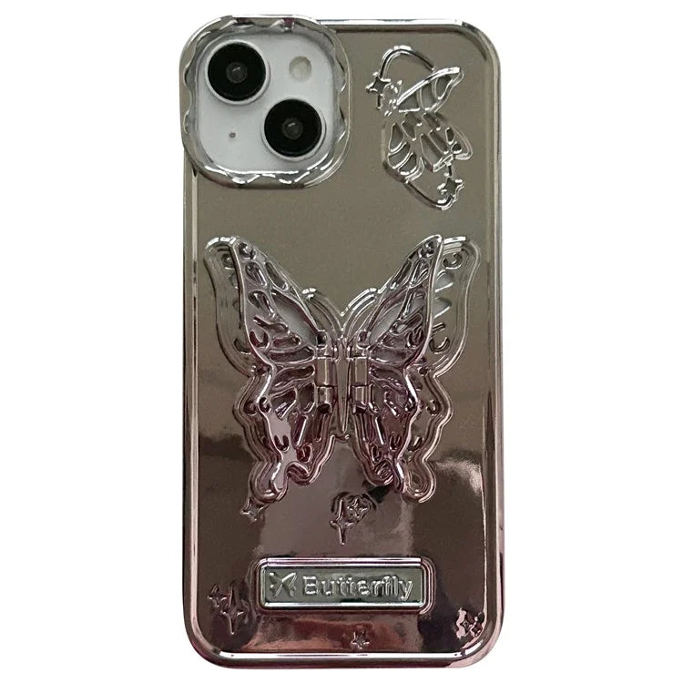 For iPhone 13 / 14 Case Electroplating TPU Phone Cover with Butterfly Shaped Kickstand Gradient Color