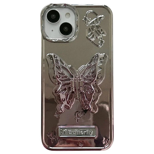 For iPhone 13 / 14 Case Electroplating TPU Phone Cover with Butterfly Shaped Kickstand Gradient Color