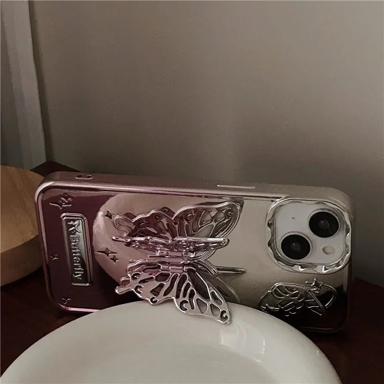 For iPhone 13 / 14 Case Electroplating TPU Phone Cover with Butterfly Shaped Kickstand Gradient Color