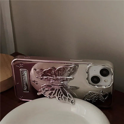 For iPhone 13 / 14 Case Electroplating TPU Phone Cover with Butterfly Shaped Kickstand Gradient Color