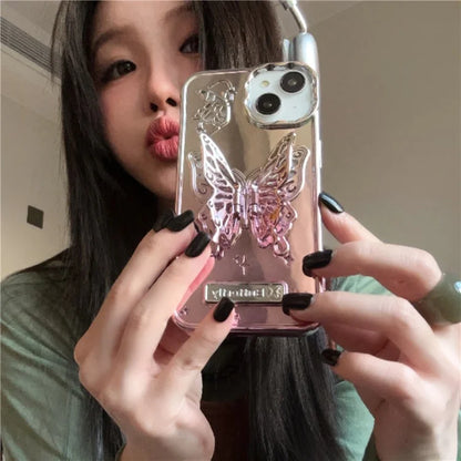 For iPhone 13 / 14 Case Electroplating TPU Phone Cover with Butterfly Shaped Kickstand Gradient Color