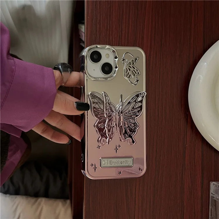 For iPhone 13 / 14 Case Electroplating TPU Phone Cover with Butterfly Shaped Kickstand Gradient Color