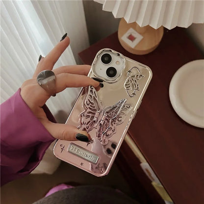 For iPhone 13 / 14 Case Electroplating TPU Phone Cover with Butterfly Shaped Kickstand Gradient Color