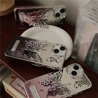 For iPhone 13 / 14 Case Electroplating TPU Phone Cover with Butterfly Shaped Kickstand Gradient Color