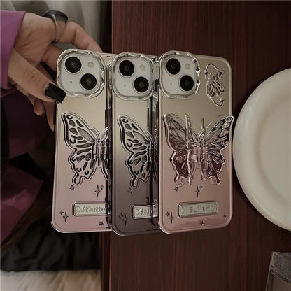 For iPhone 13 / 14 Case Electroplating TPU Phone Cover with Butterfly Shaped Kickstand Gradient Color