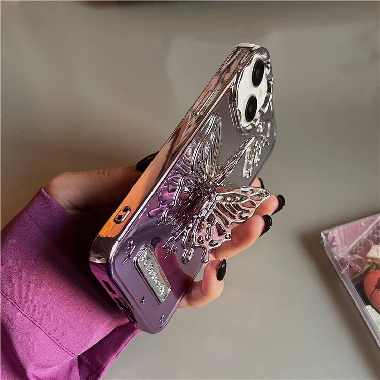 For iPhone 13 / 14 Case Electroplating TPU Phone Cover with Butterfly Shaped Kickstand Gradient Color