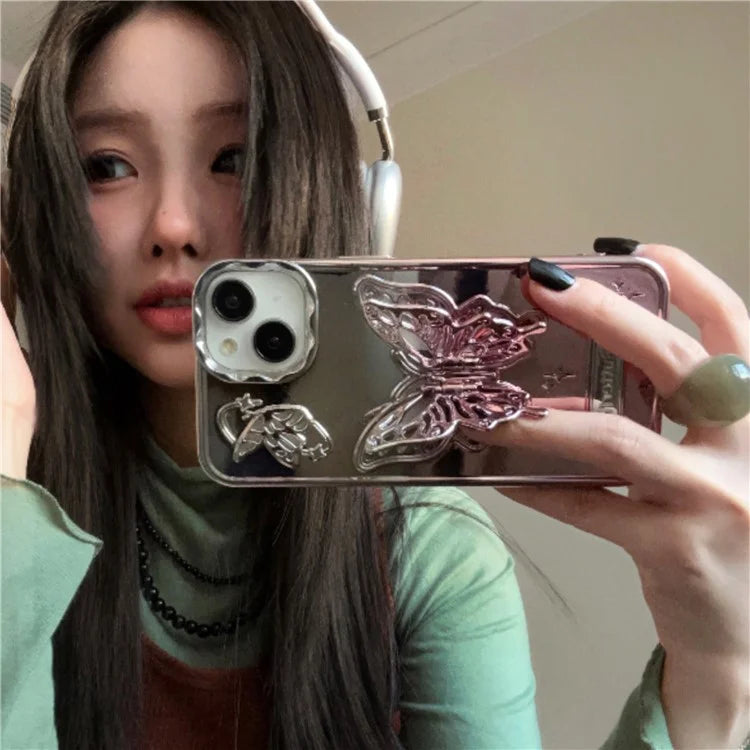 For iPhone 13 / 14 Case Electroplating TPU Phone Cover with Butterfly Shaped Kickstand Gradient Color