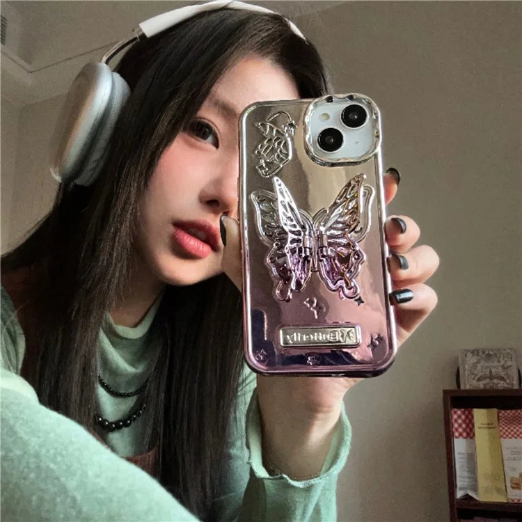 For iPhone 13 / 14 Case Electroplating TPU Phone Cover with Butterfly Shaped Kickstand Gradient Color