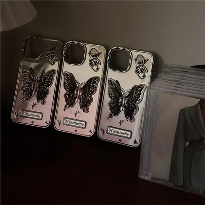 For iPhone 13 / 14 Case Electroplating TPU Phone Cover with Butterfly Shaped Kickstand Gradient Color