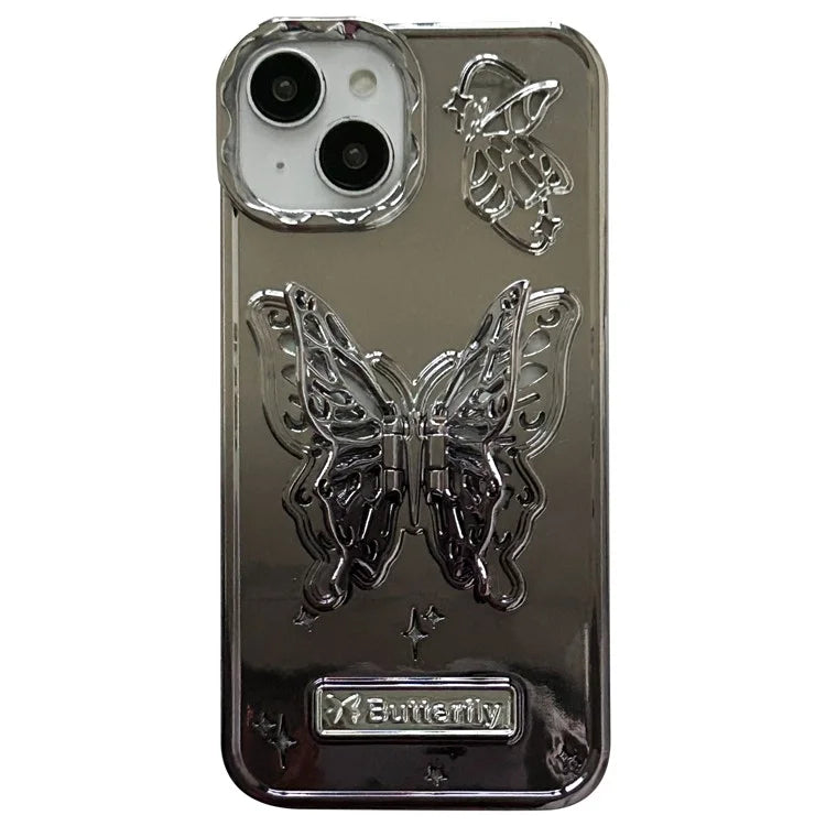 For iPhone 13 / 14 Case Electroplating TPU Phone Cover with Butterfly Shaped Kickstand Gradient Color
