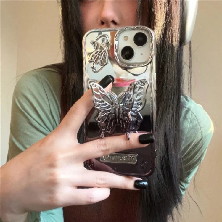 For iPhone 13 / 14 Case Electroplating TPU Phone Cover with Butterfly Shaped Kickstand Gradient Color