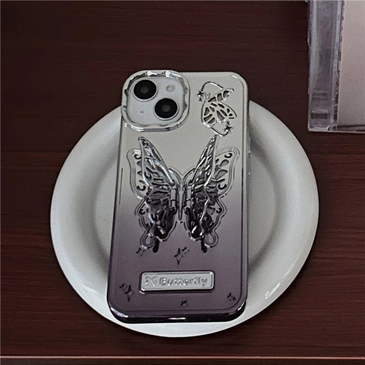 For iPhone 13 / 14 Case Electroplating TPU Phone Cover with Butterfly Shaped Kickstand Gradient Color