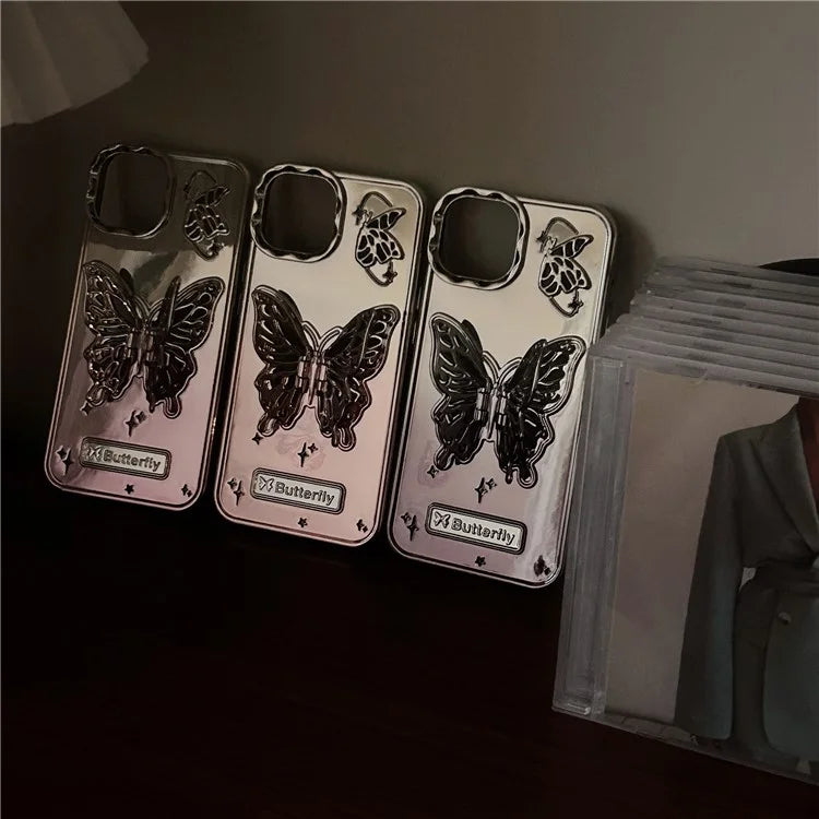 For iPhone 13 / 14 Case Electroplating TPU Phone Cover with Butterfly Shaped Kickstand Gradient Color