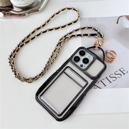 For iPhone 15 Pro Case Clear TPU Card Slots Back Phone Cover with Chain Strap