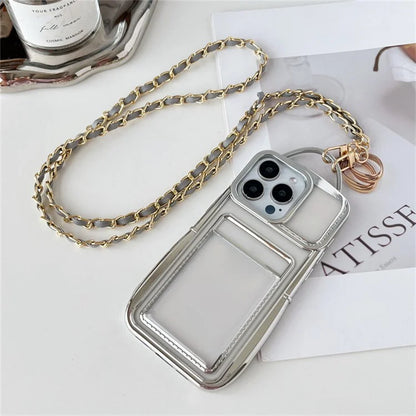 For iPhone 15 Pro Case Clear TPU Card Slots Back Phone Cover with Chain Strap