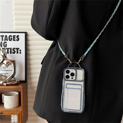 For iPhone 15 Pro Case Clear TPU Card Slots Back Phone Cover with Chain Strap