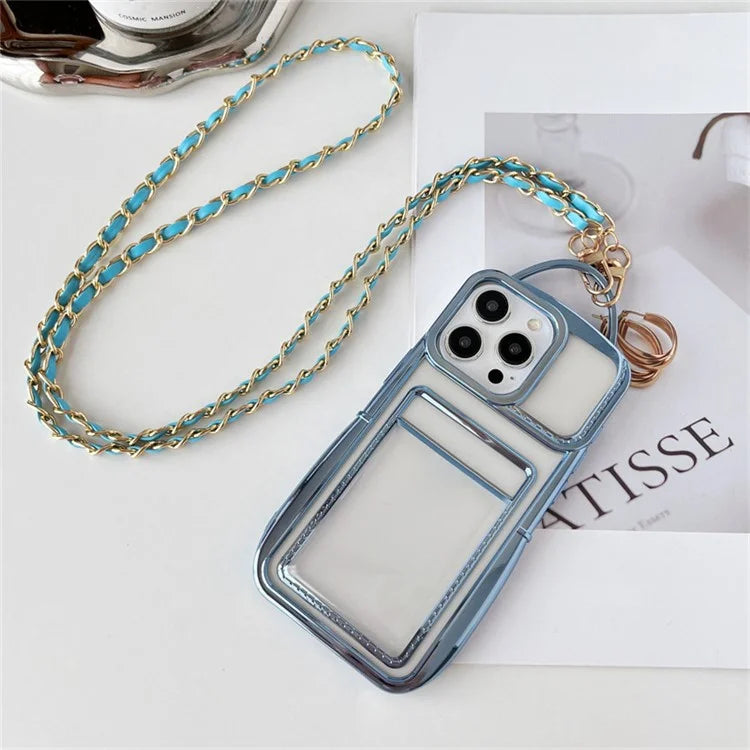 For iPhone 15 Pro Case Clear TPU Card Slots Back Phone Cover with Chain Strap